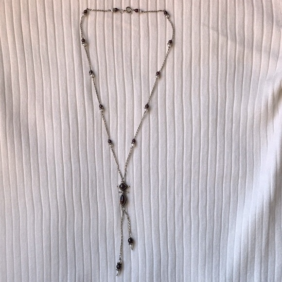 Garnet, pearl and silver y necklace - Picture 1 of 8